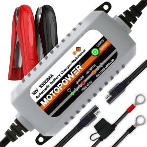 imageMOTOPOWER MP00205B 12V 1000mA Automatic Battery Charger Battery Maintainer Trickle Charger and Battery Desulfator with Timer Protection  Greya  Grey