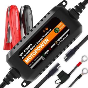 imageMOTOPOWER MP00205B 12V 1000mA Automatic Battery Charger Battery Maintainer Trickle Charger and Battery Desulfator with Timer Protection  Greyb  Black