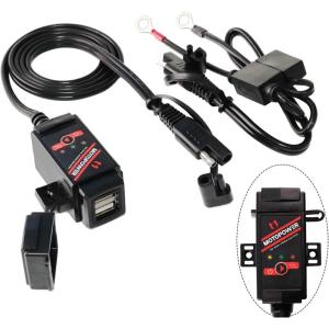 imageMOTOPOWER MP0608 31Amp Motorcycle Dual USB Port SAE to USB Adapter Battery Monitor with Switch Control and LED Indicatorsa Dual USB  Batt Monitor  SAE Terminal Harness